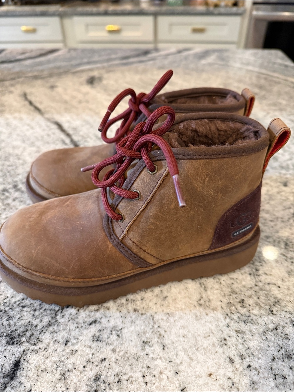 UGG Kids Brown Leather Lace-Up Ankle Boots with Burgundy Laces